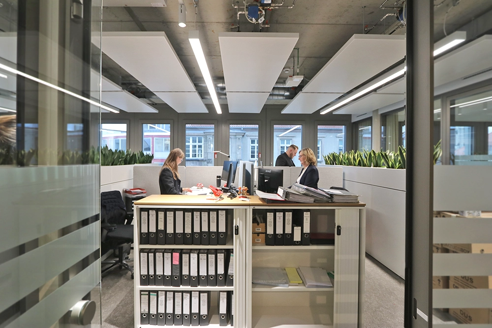 Arbeitssituation im Büro. Mitarbeitende stehen an ihren Schreibtischen.